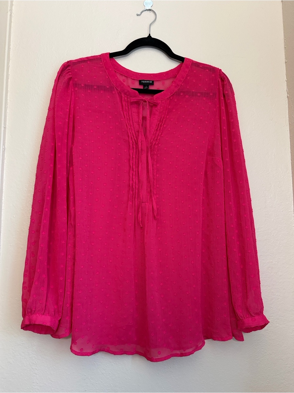 Torrid Fuchsia Boho Peasant Polka Dot Tie-Front Feminine Blouse Size 1X